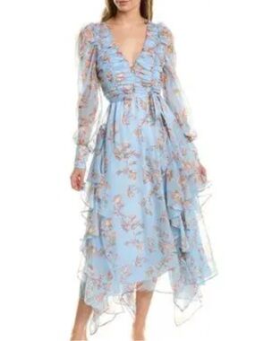 O.P.T Emmy Floral Blue  V-Neck Ruffled Maxi Dress